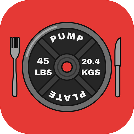The Pump and Plate icon: a black 45 pound weight plate on a red background, with a grey fork and knife on either side